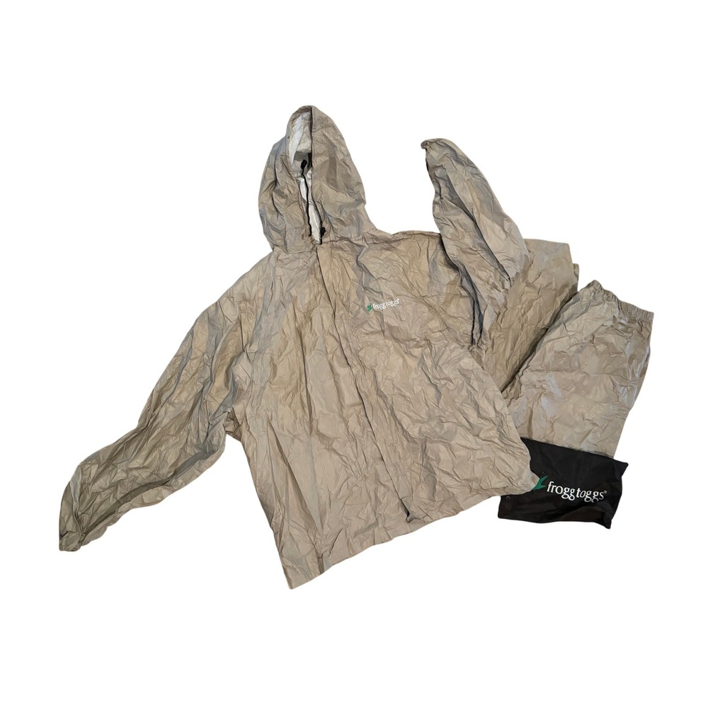 Frogg Toggs Rain Suit Adult XL/XXL Khaki Tan Packable Hooded Jacket Pants Set